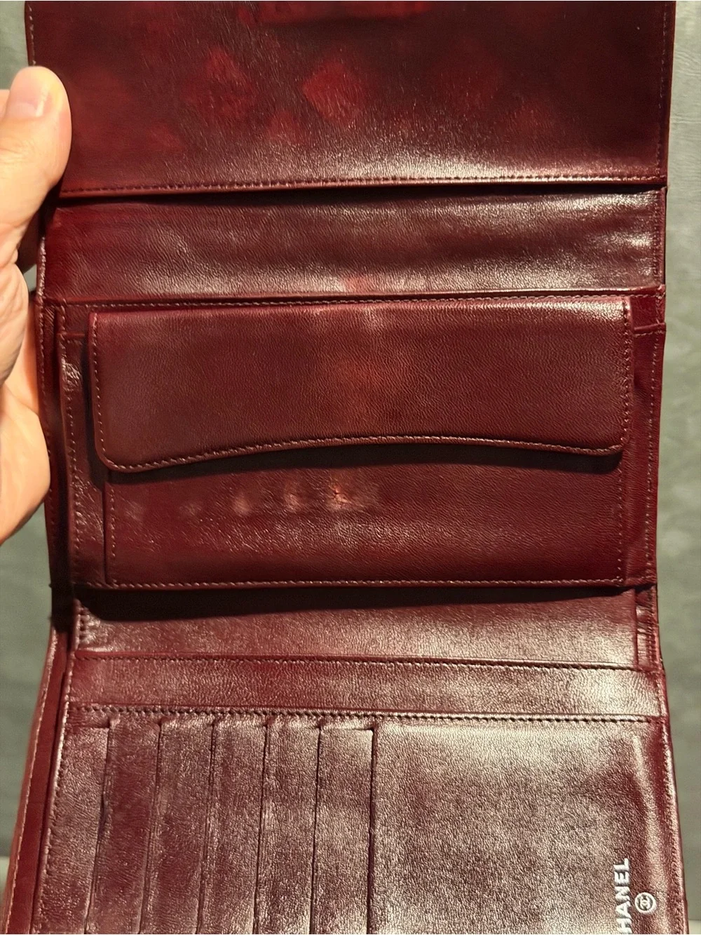 CHANEL Wine Red Medium Flap Patent Wallet Hologram w/ Chain and Authent Cert